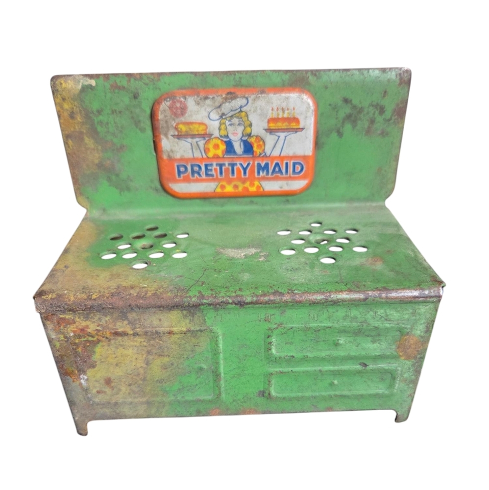 Vintage Metal Pretty Maid Stove Miniature Doll House Retro Kitchy